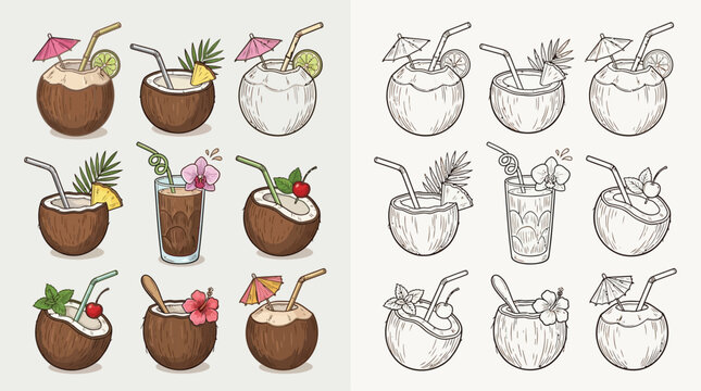 A collection of hand-drawn tropical cocktails, including coconut drinks and other refreshing beverages, presented in both color and black and white line art.