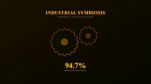 Circular economy financing is visualized through an elegant animation of golden interlocking gears and rising resource efficiency percentages against a deep obsidian cinematic background for business