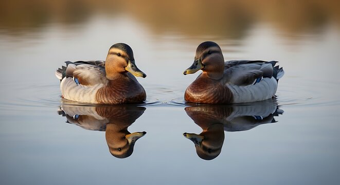 Two ducks swimming on calm water with reflections