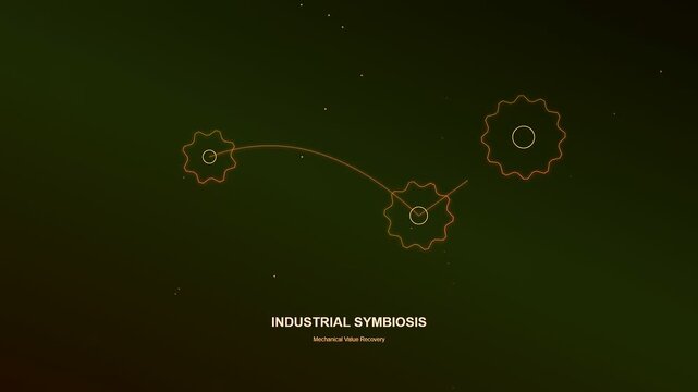 An abstract motion graphic depicting circular economy financing through glowing gear icons connecting within a dark atmospheric void to symbolize sustainable industrial symbiosis and resource recovery