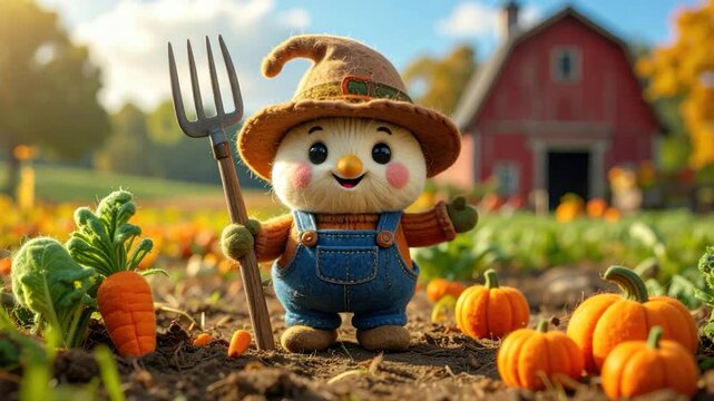 A cute, plush farmer stands in a garden with carrots and pumpkins