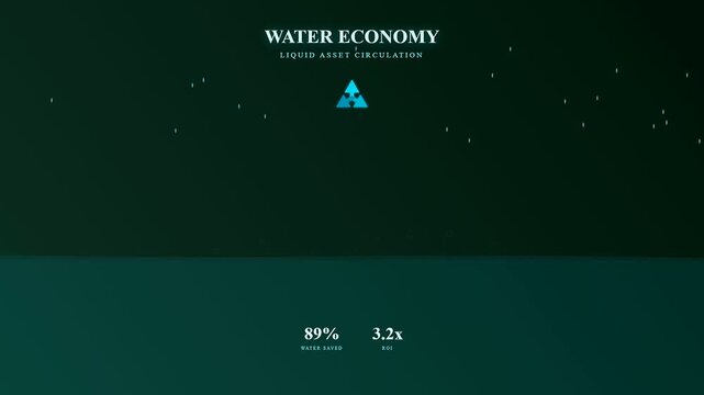 An avant-garde motion graphic showcasing circular economy financing via shifting azure geometries and fluctuating quantitative indicators set against a moody obsidian green atmospheric backdrop
