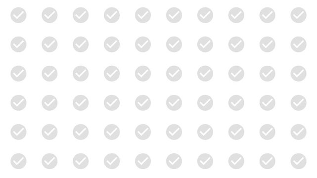 Grey check circle pictograms bounce into position, with circles and check marks layering in sequence. Useful for confirmation, checklist, progress, and verified status concepts.