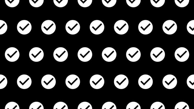 Check circle pictograms move upward in a seamless loop on black background, creating a bold repeating pattern. Suitable for approval themes, motion graphics, digital visuals, and abstract backgrounds.