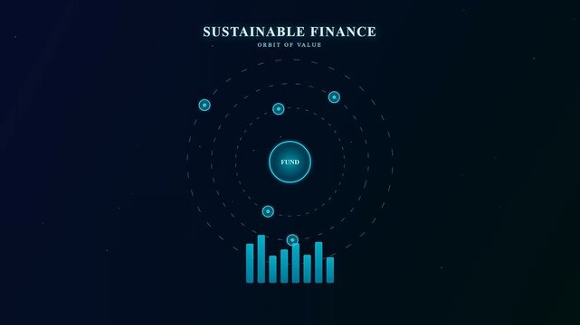 An avant-garde digital visualization of circular economy financing featuring ethereal glowing nodes orbiting a central monetary hub amidst an evolving holographic data visualization landscape