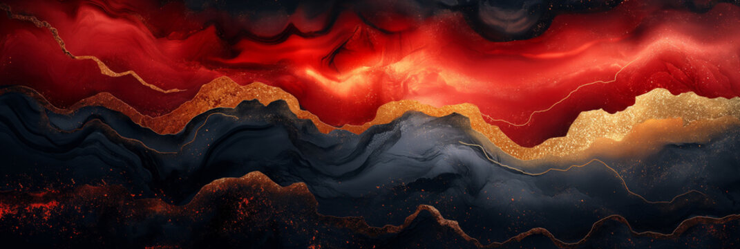 A vibrant abstract composition featuring flowing red and gold patterns on a dark background.