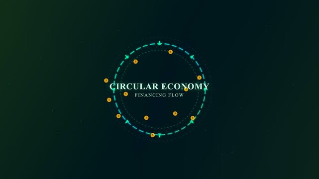 An intricate digital animation illustrating circular economy financing as golden currency tokens glide along a glowing cyan orbital path within a dark atmospheric virtual space