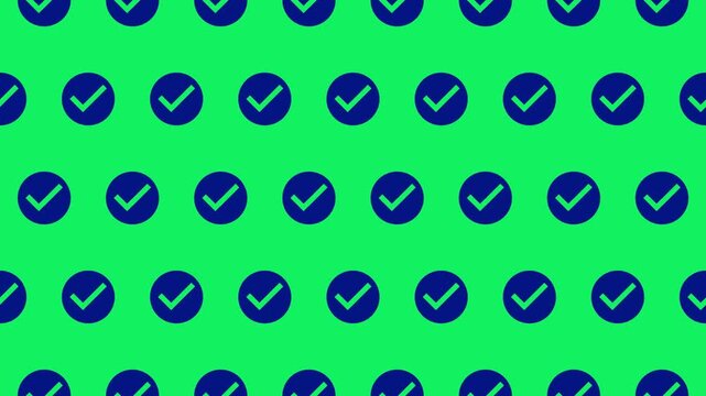 Check circle pictograms move upward in a seamless loop on green screen, creating a keyable repeating pattern. Suitable for overlays, broadcast graphics, compositing, and approval-related visuals.