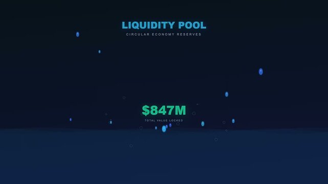 A motion graphic depicting circular economy financing as digital currency values rapidly escalate within a fluid blue aquatic environment showcasing sustainable financial growth and stability
