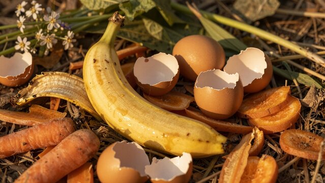 Banana peel, eggshells, carrot tops, and orange slices decompose naturally on the ground.