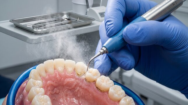 Dentist performing ultrasonic scaling with water mist in cinematic dental close-up