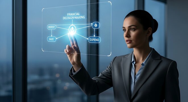 Financial decision-making. A finance professional's hands interact with a simple decision tree hologram with two or three branches, representing financial choices.