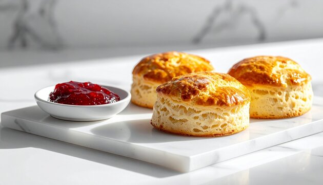 Scones with Jam on a White Marble Background 60 70
