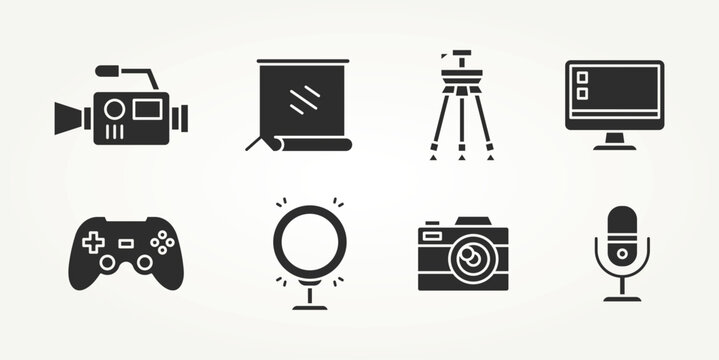 minimalist set of youtube content creator & streaming silhouette flat icons vector illustration design. camera, microphone, live streaming and more