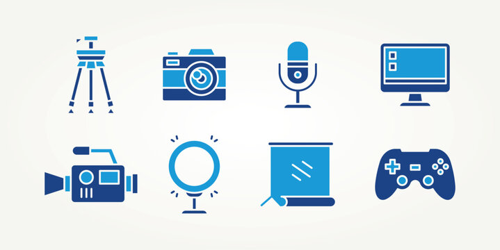 minimalist set of youtube content creator & streaming flat icons vector illustration design. camera, microphone, live streaming and more