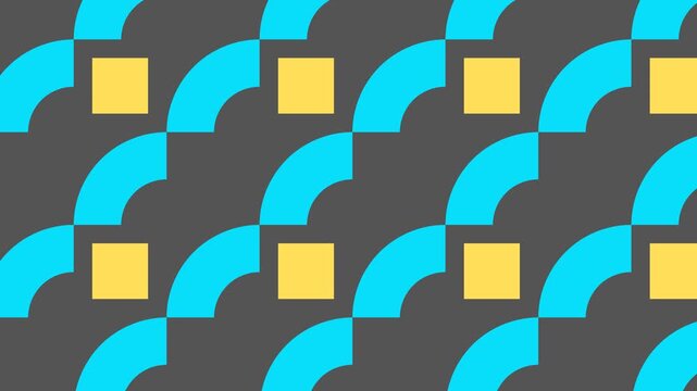 A seamless looping background displays a symmetrical arrangement of shapes. The design features squares and semicircles in blue, yellow, and gray tones.