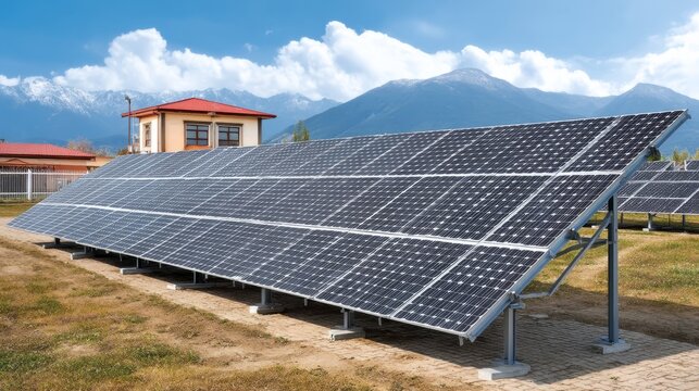Solar panel arrays arranged in long parallel rows under blue sky