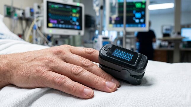 Pulse oximeter on finger with glowing display in clinical close up scene