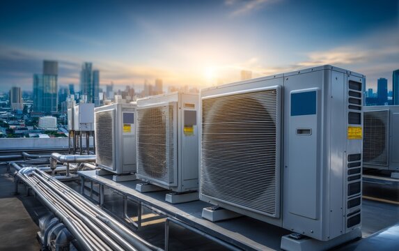 Rooftop HVAC Units Installed with Pipes Overlooking City Skyline at Sunset