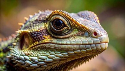 Fototapeta premium Close-up of a lizards head showcasing its intricate scale patterns.