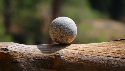 Obraz premium Stone Orb Balances Precariously Atop A Small Wooden Plank Resting On An Irregular Natural Log Piece
