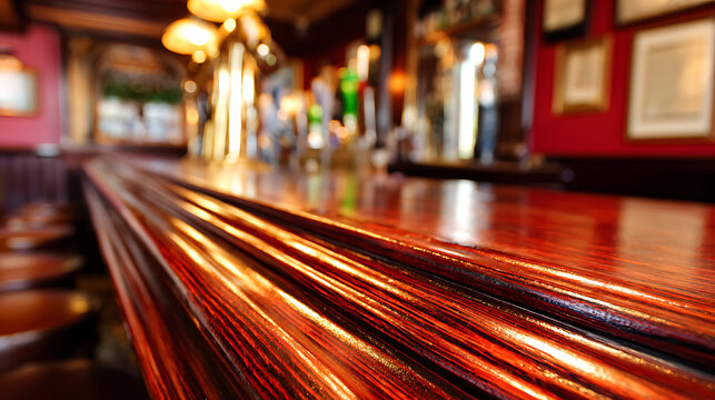 Polished wooden bar counter in a pub symbolizing innovation and digital transformation