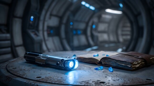 Cinematic sci-fi lightsaber hilt with ancient leather book and blue crystals on spaceship interior, galactic adventure concept

