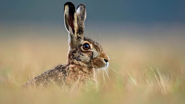 A hare observes the viewer with focused eyes. Natural grasses surround the animal in this looping scene.