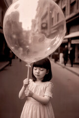 Naklejka premium A young girl with her eyes closed stands on a city street, holding a large, transparent balloon that dominates the frame and reflects the blurred surroundings. The image is rendered in a soft, sepia-t