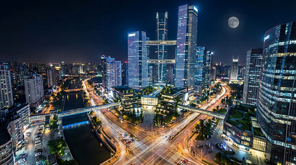 Obraz premium Stunning night cityscape view of a modern metropolis with illuminated skyscrapers, bridges, and traffic trails, under a full moon