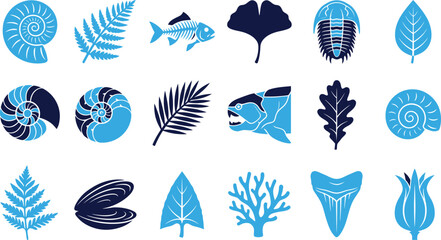 Collection of fossil icons including shells leaves fish and prehistoric creatures in blue. © Icon Set