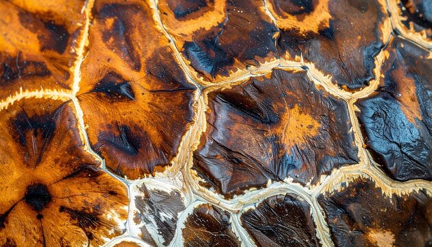 Detailed Close-Up of a Turtle Shell with Brown and Black Patterns.