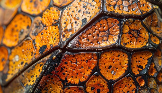 Detailed Close-Up of Turtle Shell Scales with Intricate Patterns and Textures.
