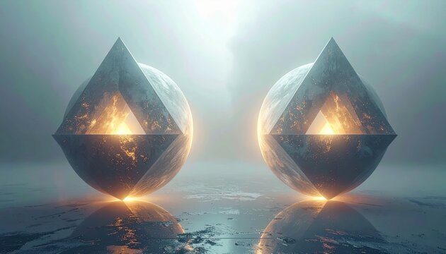 Abstract geometric forms in mirrored reflection, glowing with inner light and fog