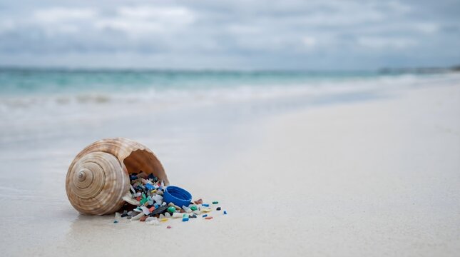 Microplastics and plastic waste spilling from conch shell on a white sand beach, ocean pollution and environmental crisis concept
