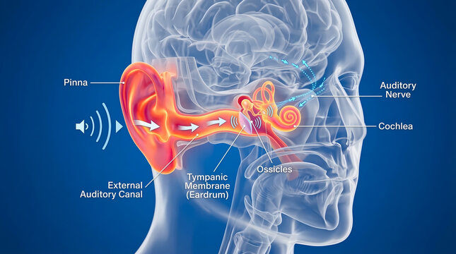 3D Human Ear Anatomy Diagram Illustrating Sound Wave Conduction and Auditory Nerve Signal Transmission in Transparent Head.