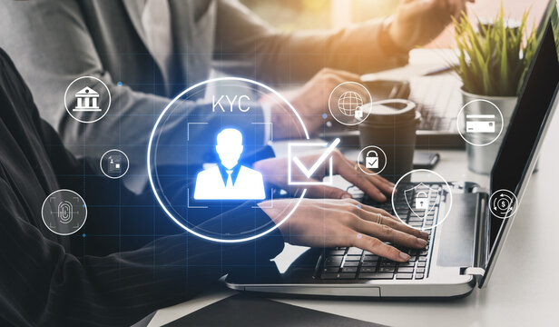 Digital KYC verification with biometric scan, ID authentication, and financial security icons representing identity verification, secure onboarding, fraud prevention, and compliance Vouch
