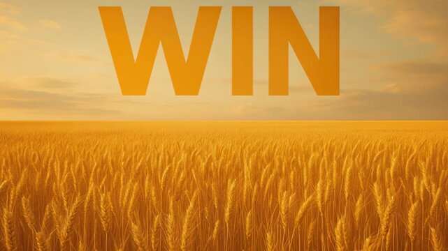 Golden Harvest's Triumph: A vibrant field of golden wheat stretches towards the horizon under a vast sky, with the word WIN boldly emblazoned, symbolizing success, achievement.