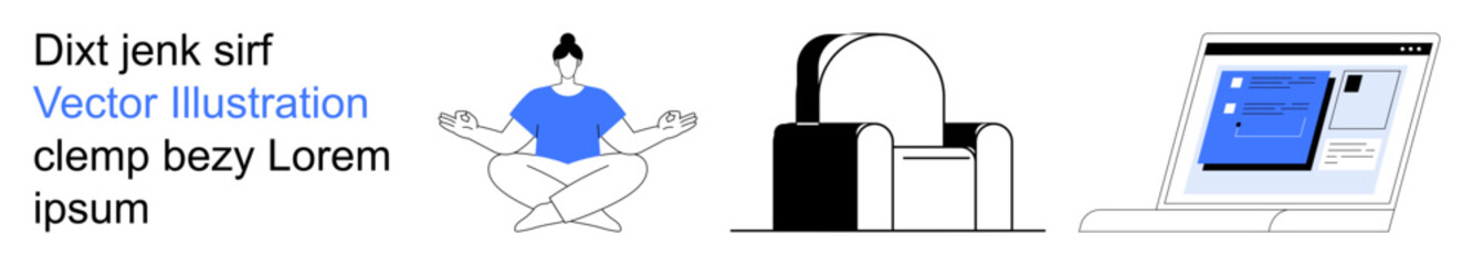 Fototapeta na wymiar Meditation, digital design, creativity, workspace, modern wellness, online learning. Minimalist illustration with seated yoga, abstract structure and laptop screen. Meditation and digital design