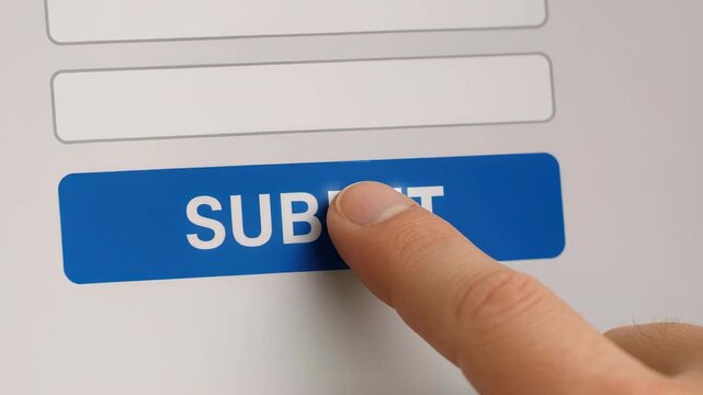 Submit Button Pressed: Close-up of a finger pressing a blue Submit button on a digital interface, symbolizing action and commitment.