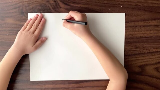 Child writing number ten on A4 paper with black pen in slow motion, top view, no sound