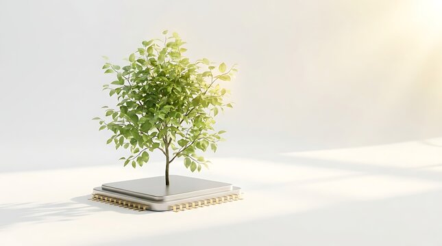 Pohon Tumbuh di Atas Chip Komputer Melambangkan Teknologi Hijau dan Inovasi