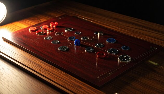 Polished metallic strategy game pieces scattered across a wooden board, symbolizing faction competition and strategic planning for victory.