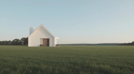 Obraz premium View of small modern house in minimal style with green lawn on blue sky background,Contemporary residence design. 3D rendering