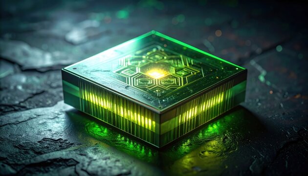 Intricately patterned illuminated quantum processor chip with glowing green energy on a textured surface