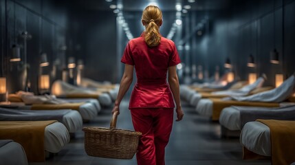 Obraz premium Therapist Walking Through Treatment Room with Basket from Back View