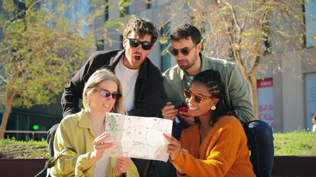 A group of friends enthusiastically examining a map together, planning their next destination while enjoying each other's company and sharing moments of laughter and joy during their exploration.