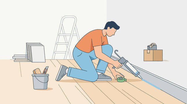 Man Using Caulking Gun for Home Renovation and Baseboard Repair Flat Vector Illustration