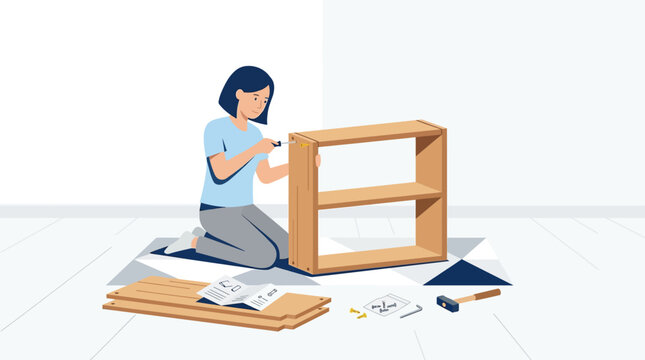 Woman Assembling Flat Pack Wooden Bookshelf at Home, DIY Furniture Construction and Home Improvement Concept Vector Illustration