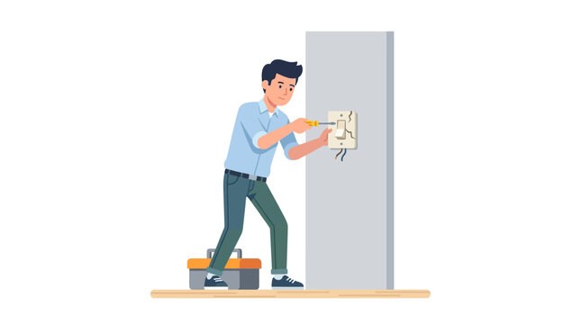 Professional Electrician Repairing Broken Light Switch on Wall with Tool Box, Flat Vector Illustration of Handyman Fixing Electrical Power Outlet